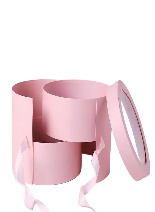 BBJ WRAPS Pink Flower Round Box with Lid for Floral Arrangements, Double Layers Rotating Drawer Flower Bouquet Paper Gift Boxes Packaging, 1 Set, 7.5"(D) x 6.5"(H) (Pink) - Image 1